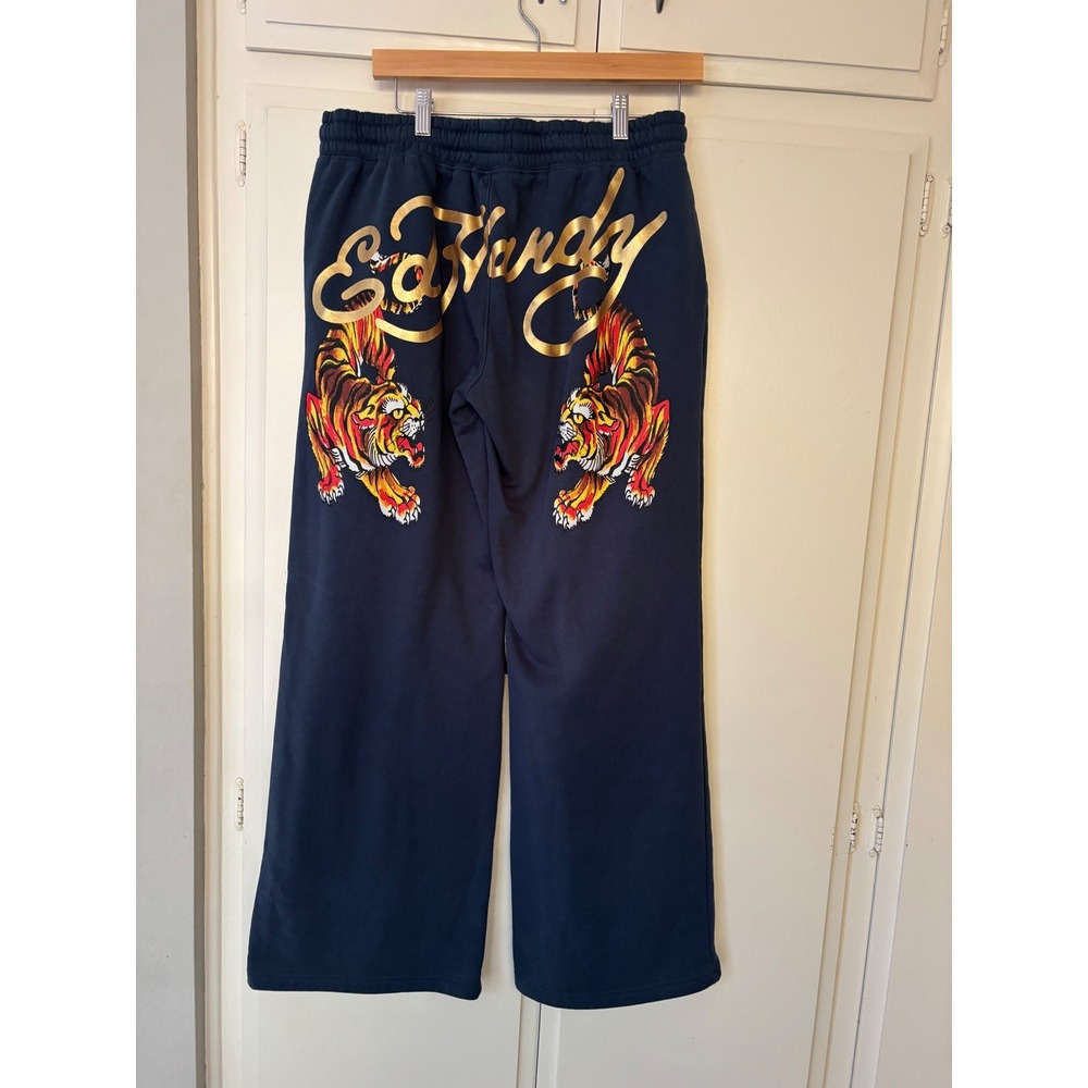 Ed Hardy Womens Blue Tiger Wide Leg Sweatpants Size L